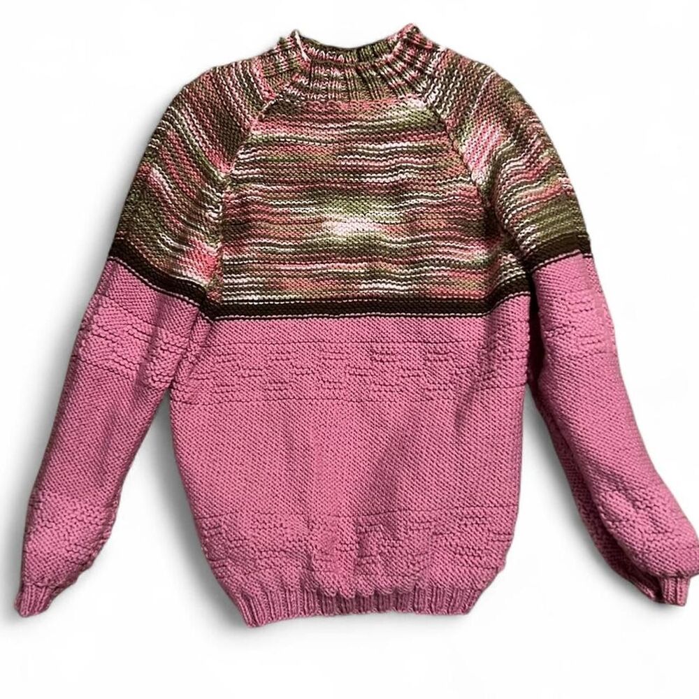 Unique Handmade Vintage Women's Pink & Multi-color Mock Neck Heavy Knit Sweater.